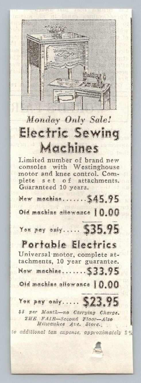 1933 The Fair Milwaukee Electric Sewing Machine Advertisement Print Ad Ephemera